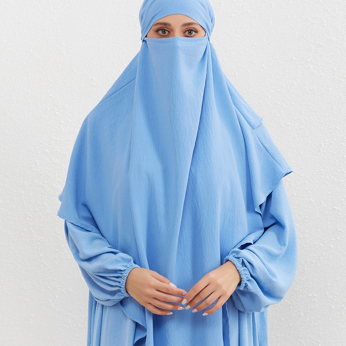 Double-Layered Polyester Prayer Hijab with Religious Theme Fitted Woven Cap