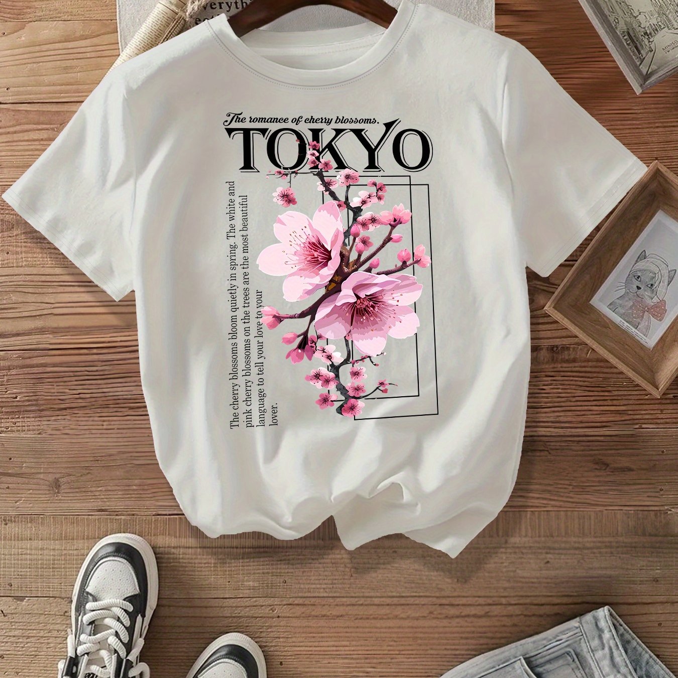 Camiseta de mujer de talla grande con estampado de cerezos en flor, mezcla de poliéster, top de gran tamaño