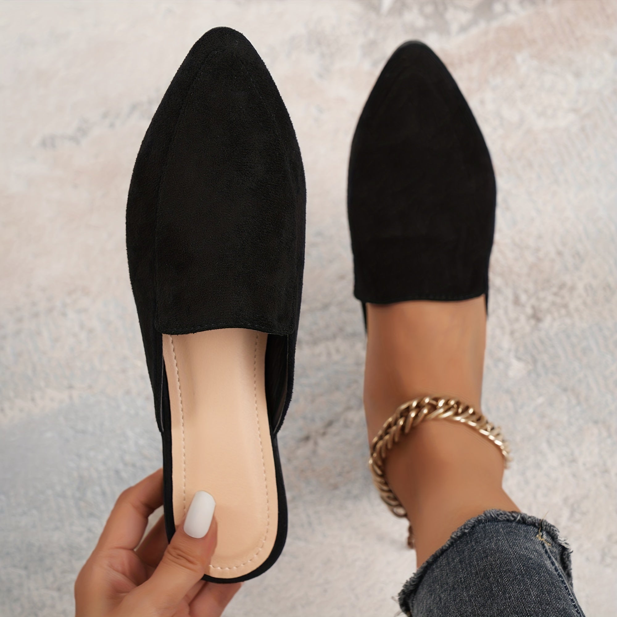Women's Black Pointed Toe Flat Mules Shoes