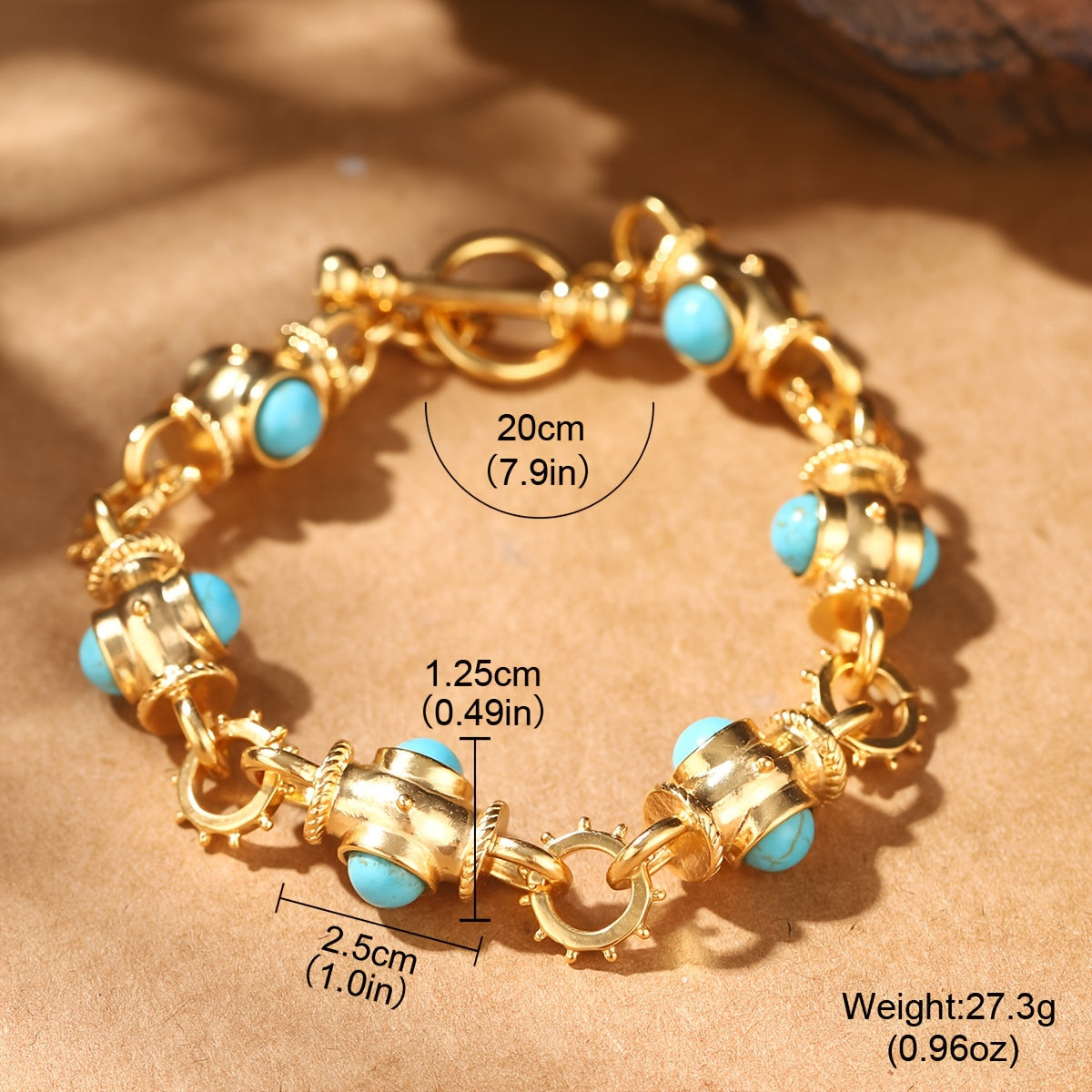 Gold-Plated Alloy Bracelet for Women with Turquoise Accents and Geometric Links