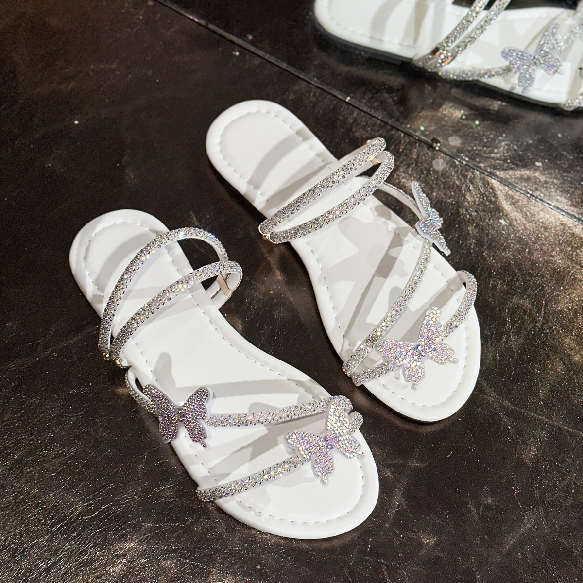 Women's Rhinestone Butterfly Flat Sandals Pink White Summer Wedding Shoes