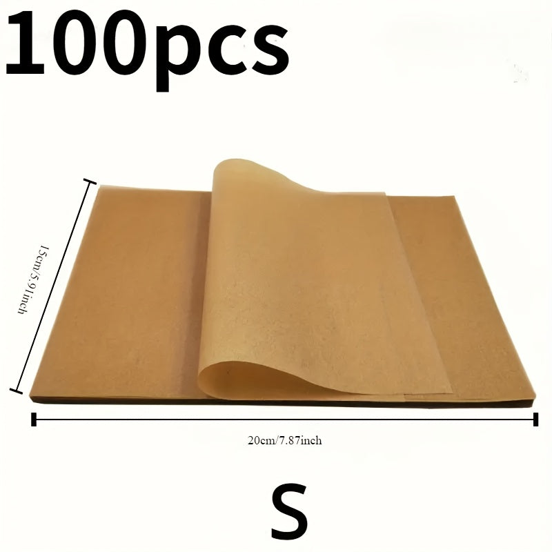 100 dona O'zgaruvchan bo'lmagan pishirish qog'ozlari, yopishmaydigan, ovqat uchun xavfsiz, pech va gril uchun