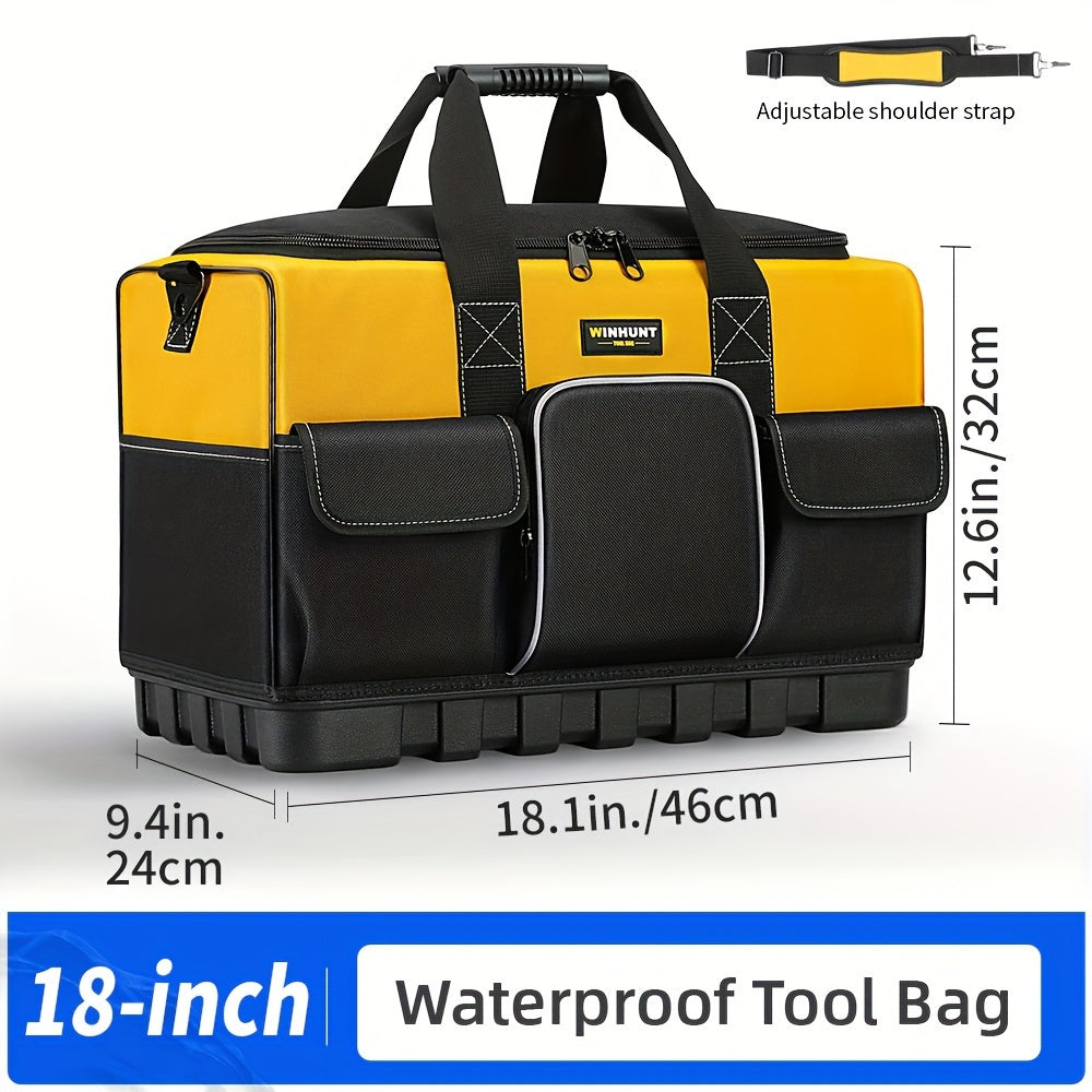 Large Waterproof Heavy Duty Tool Bag with Molded Base Polyester Black Yellow Adjustable Shoulder Strap