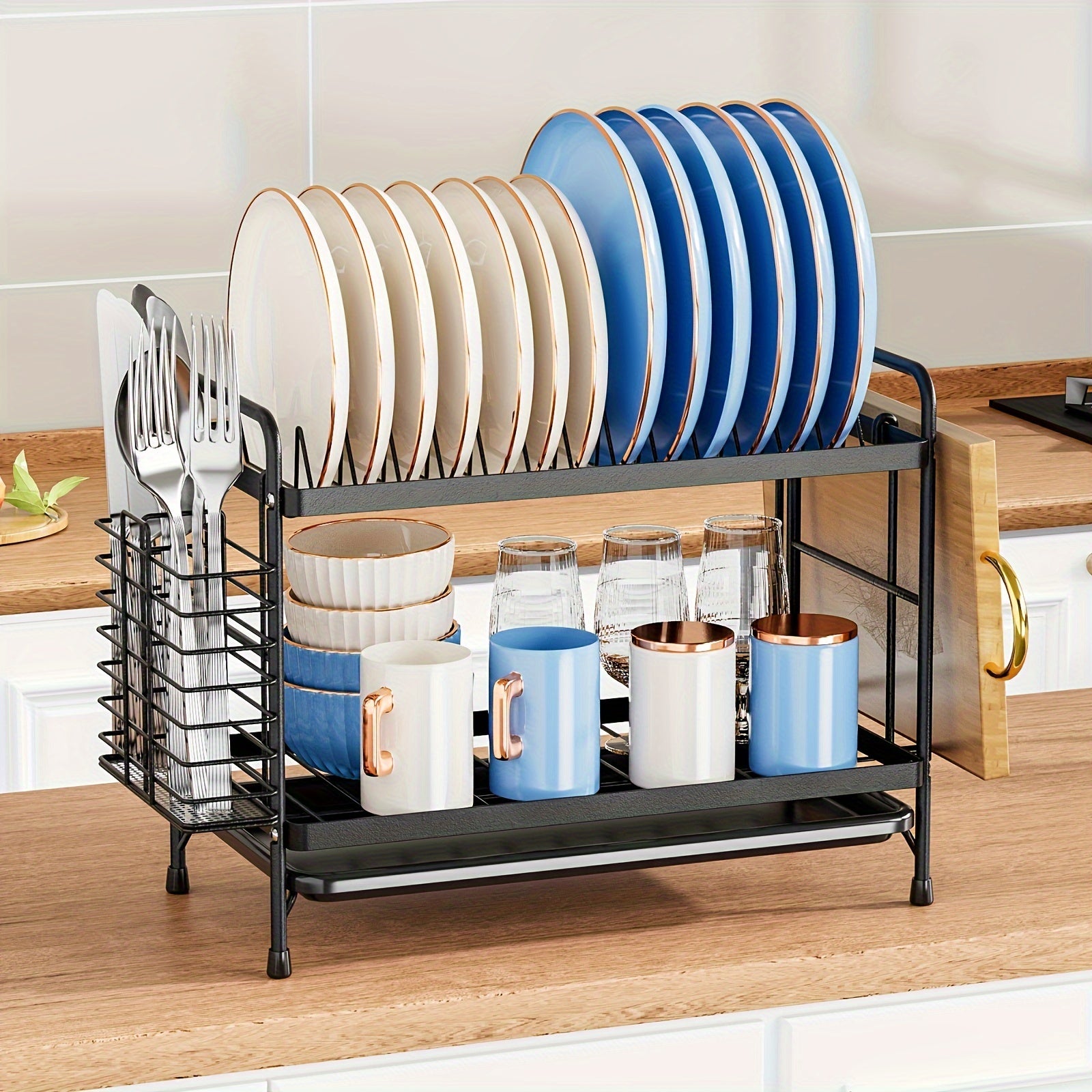 Двухъярусная стойка для сушки посуды с поддоном для слива и хранением кухонных аксессуаров