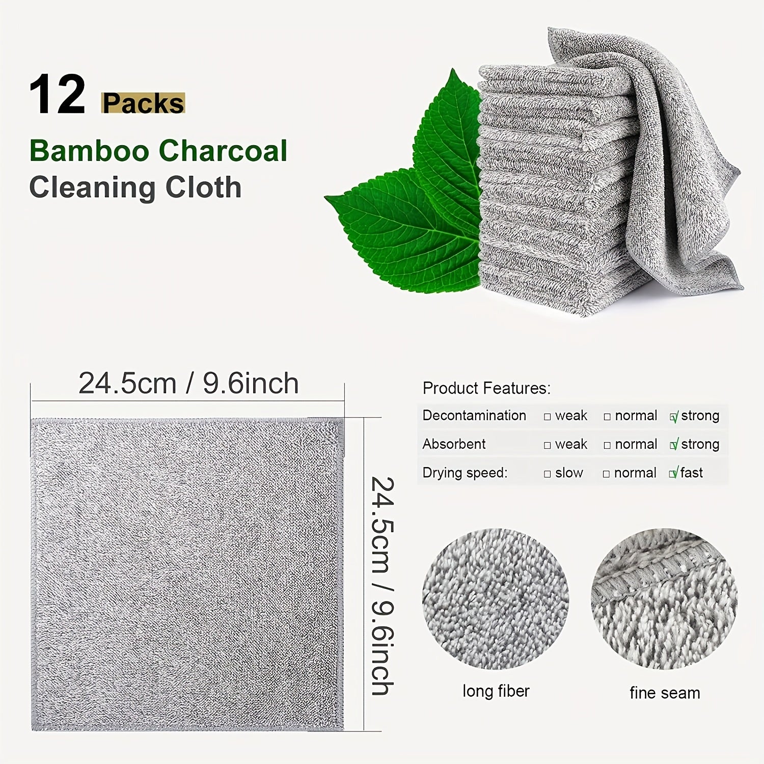 12pcs Bamboo Charcoal Fiber Kitchen Dish Towels Highly Absorbent Fast Drying Nonstick Washable
