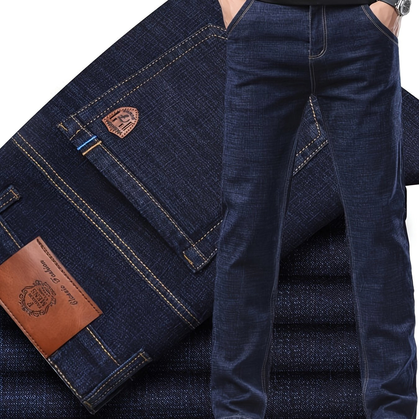 Men's Black Denim Jeans Slim Fit Straight Leg Patch Embroidery All-Season