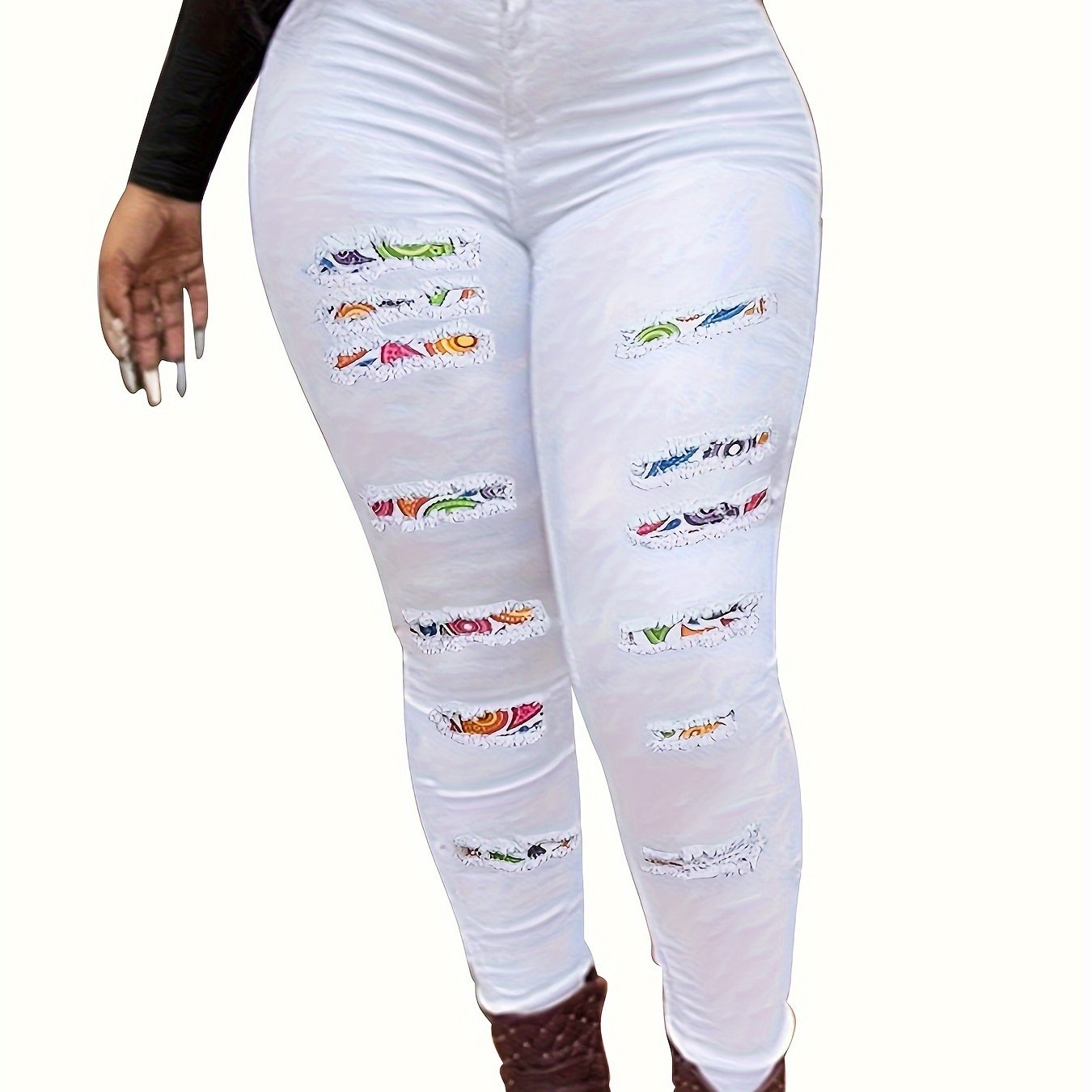 Plus-Size Women's High-Waisted Ripped Denim Skinny Jeans with Color Block Patchwork