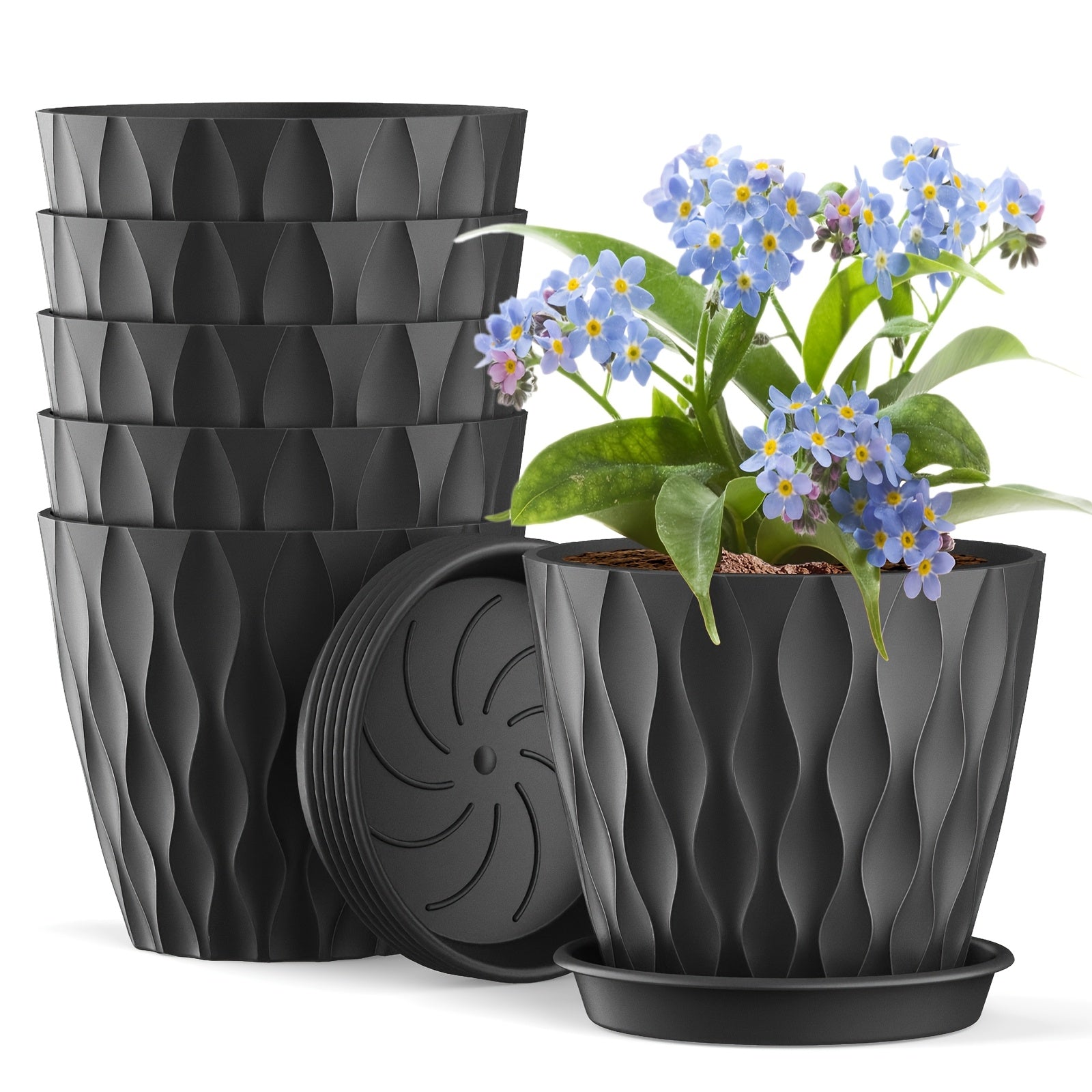 Set of 6 Plastic Round Planters with Drainage Holes for Indoor Outdoor Succulents Herbs Flowers