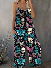 Women's Gothic Floral and Skull Print Overalls - Blue Pink Wide-Leg Jumpsuit