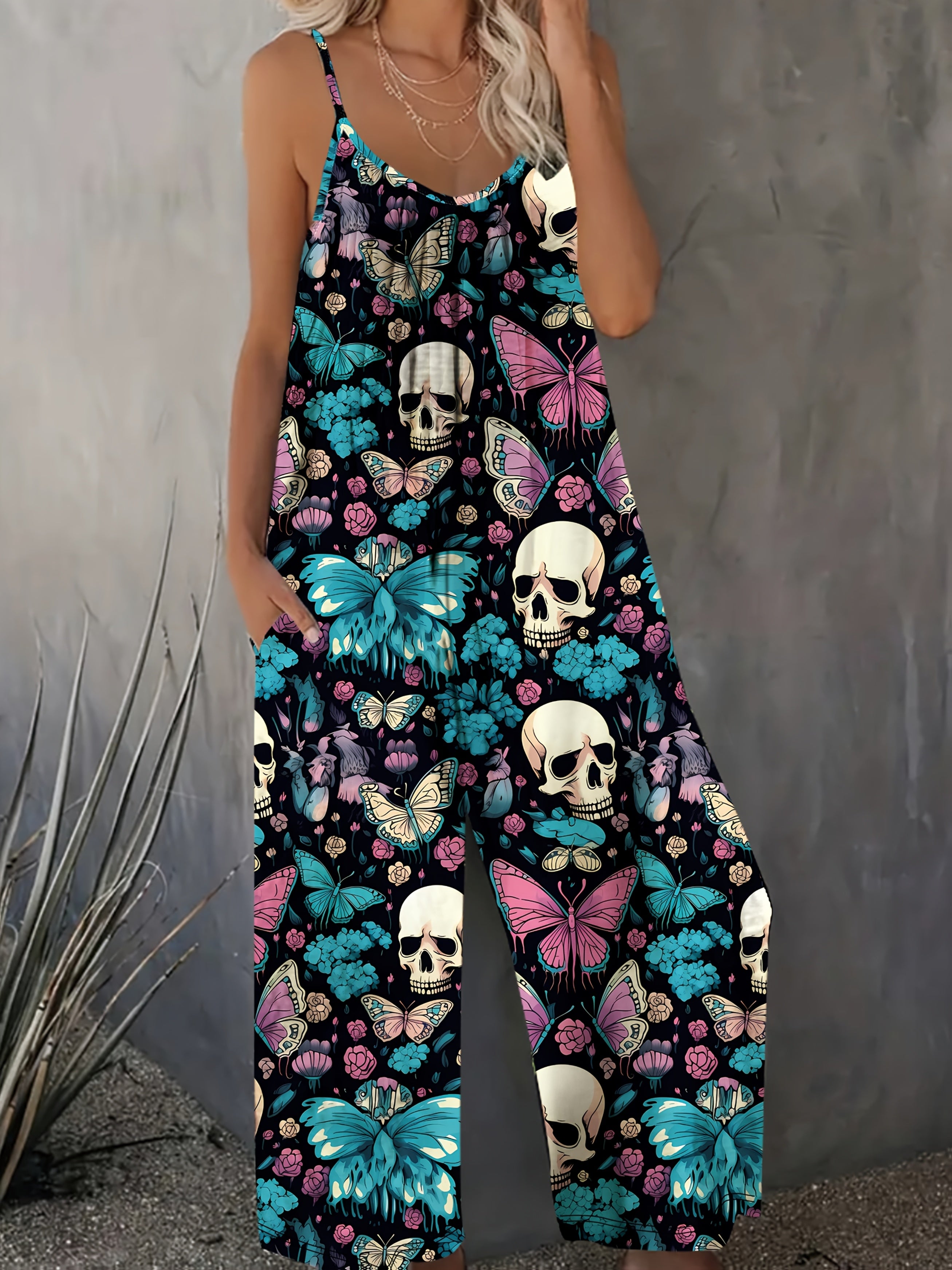 Women's Gothic Floral and Skull Print Overalls - Blue Pink Wide-Leg Jumpsuit