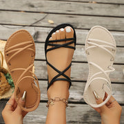Women's Minimalist Faux Leather Cross-Strap Flat Sandals for Summer Beach Casual
