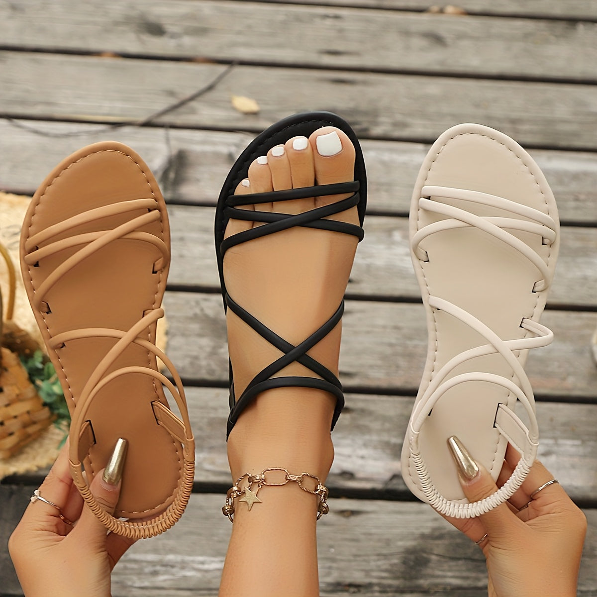Women's Minimalist Faux Leather Cross-Strap Flat Sandals for Summer Beach Casual