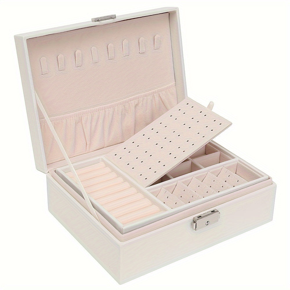Luxury Faux Leather Jewelry Box with Dual-Layer Storage and Key Lock