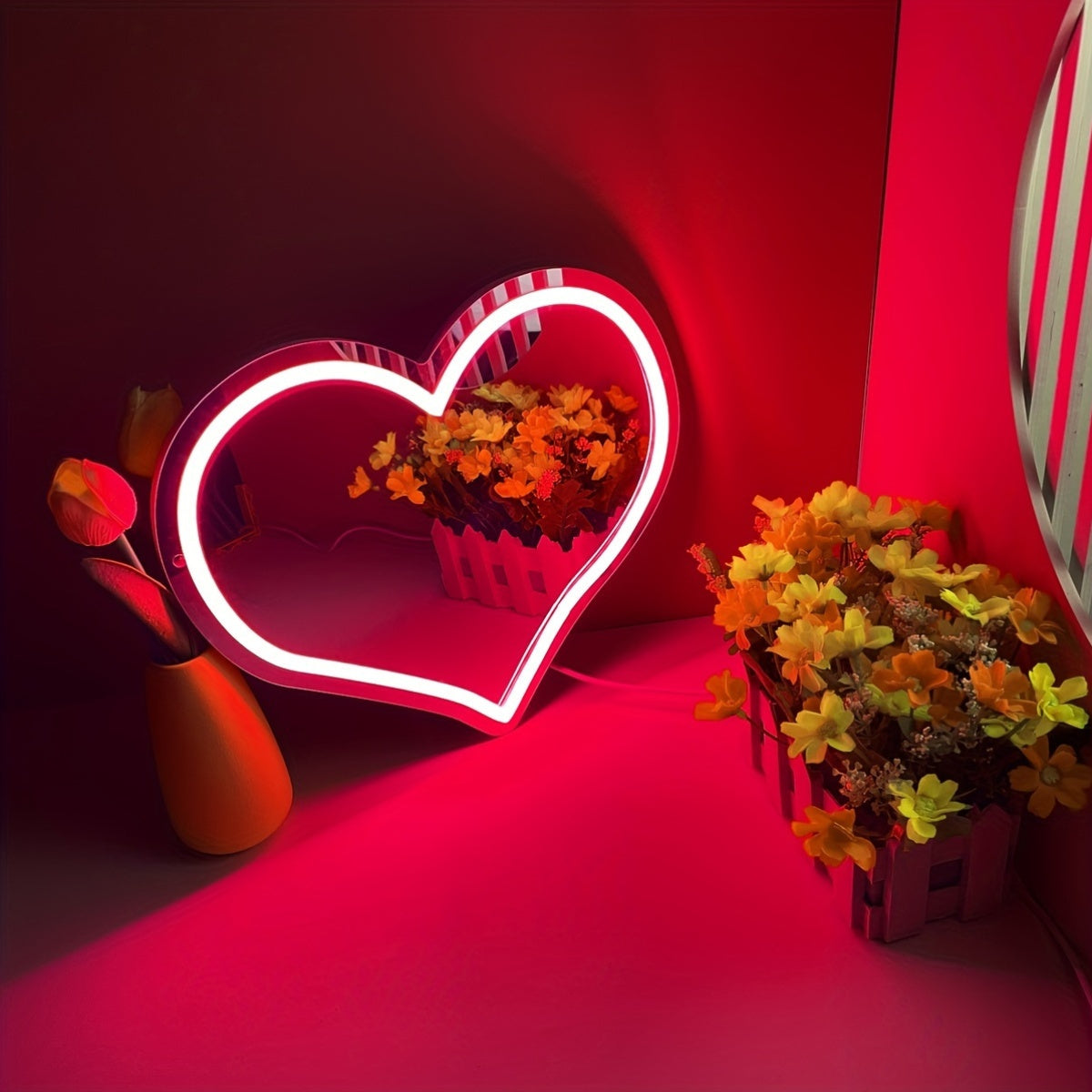Pink Heart Neon Wall Decor USB-Powered Mirror with Switch Control