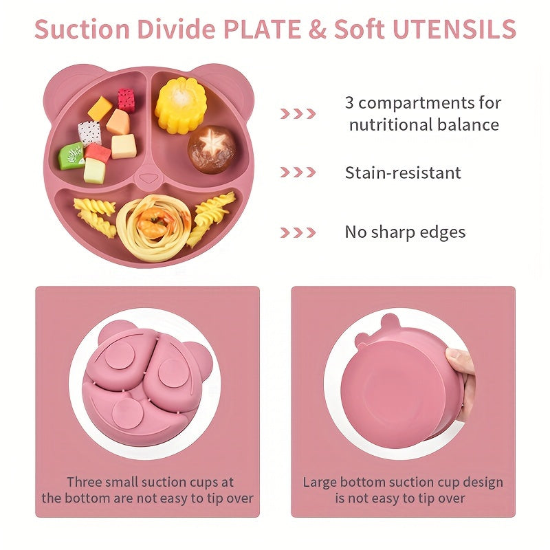 7-Piece Toddler Meal Set Silicone Utensils with Suction Cups and Cartoon Design for Infants