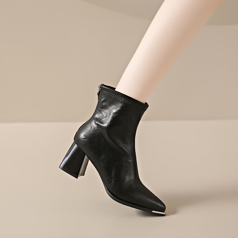 Women's Faux Mid-Calf Boots, Pointed Toe, Chunky Heel, Zipper