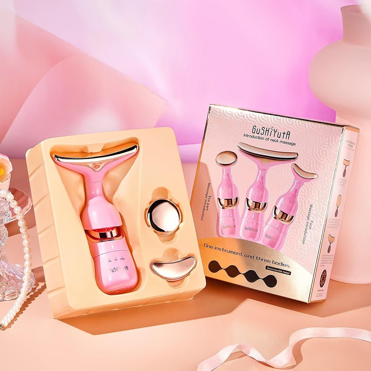 3-in-1 Beauty Device with Vibration Massager for Eyes, Face, Neck Pink