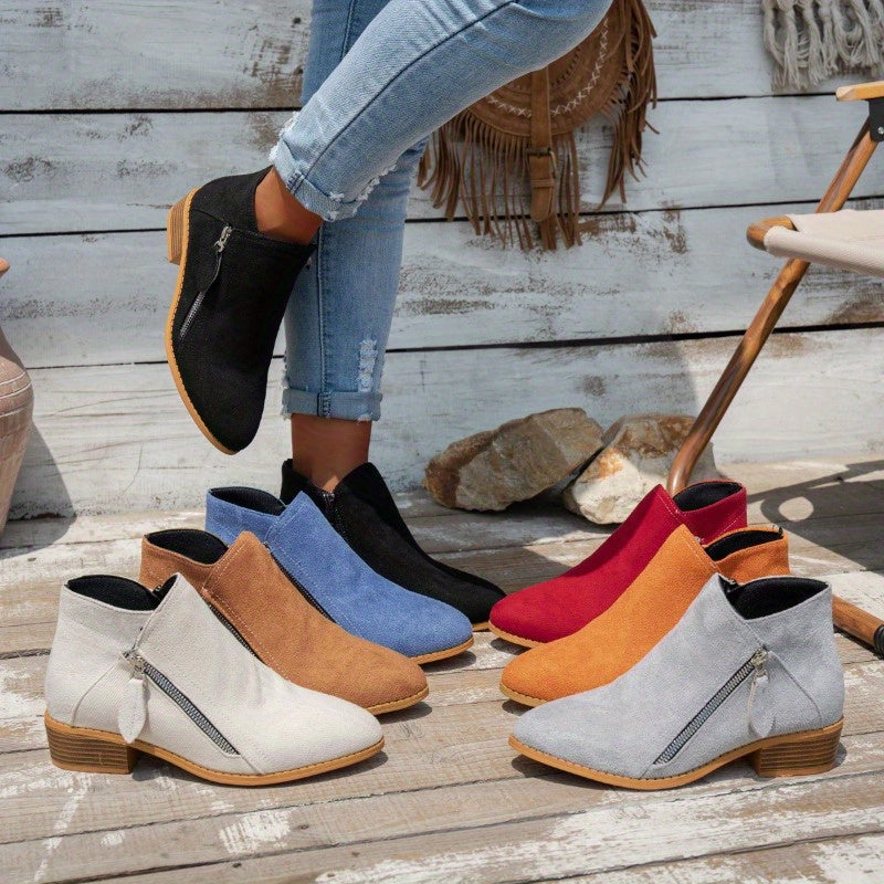 Women's Chunky Heel Ankle Boots Pointed Toe Side Zipper Plus Size 36-43