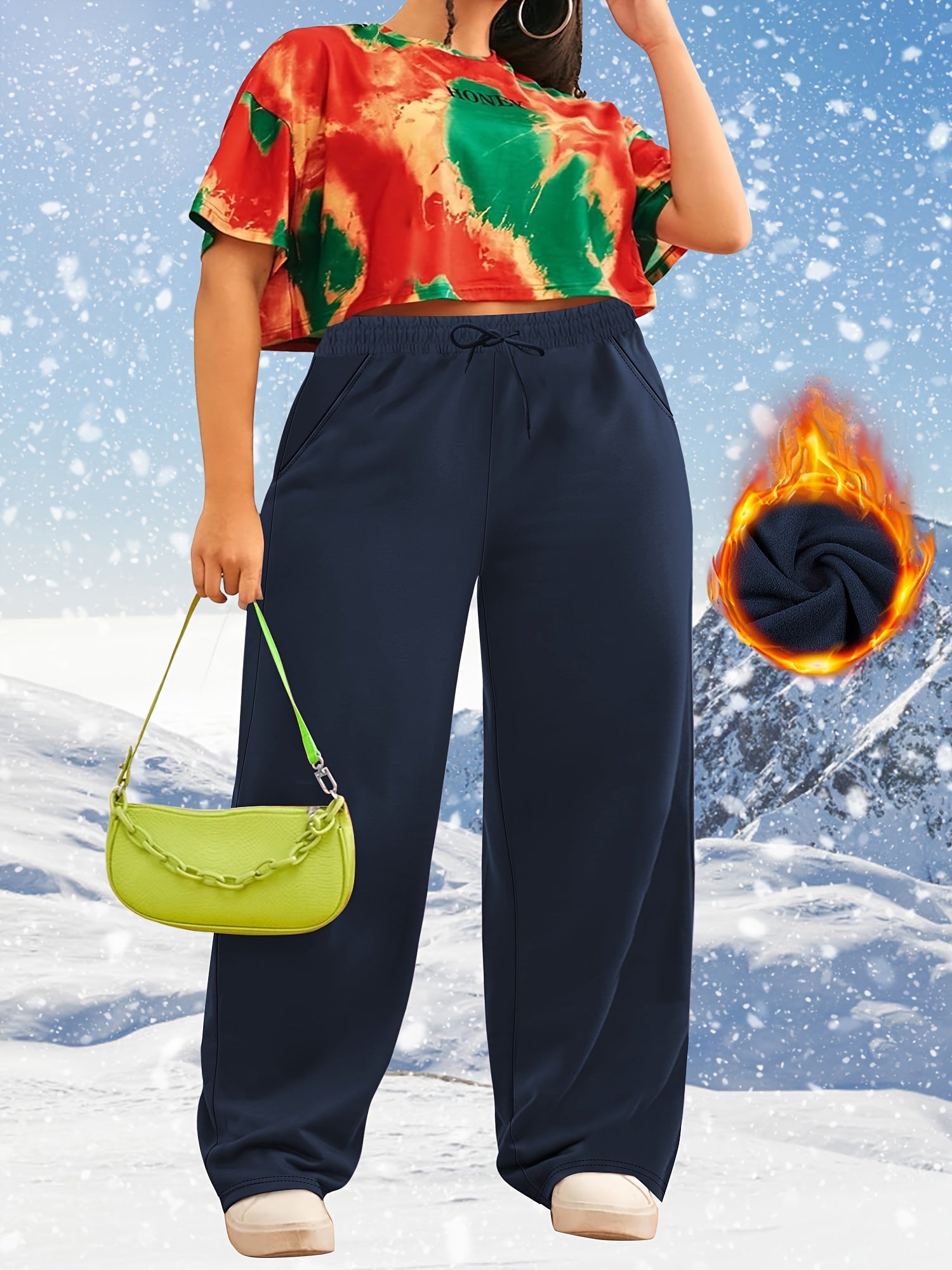 Plus Size Wide Leg Pants with Drawstring Pockets Fall Winter High Stretch Polyester