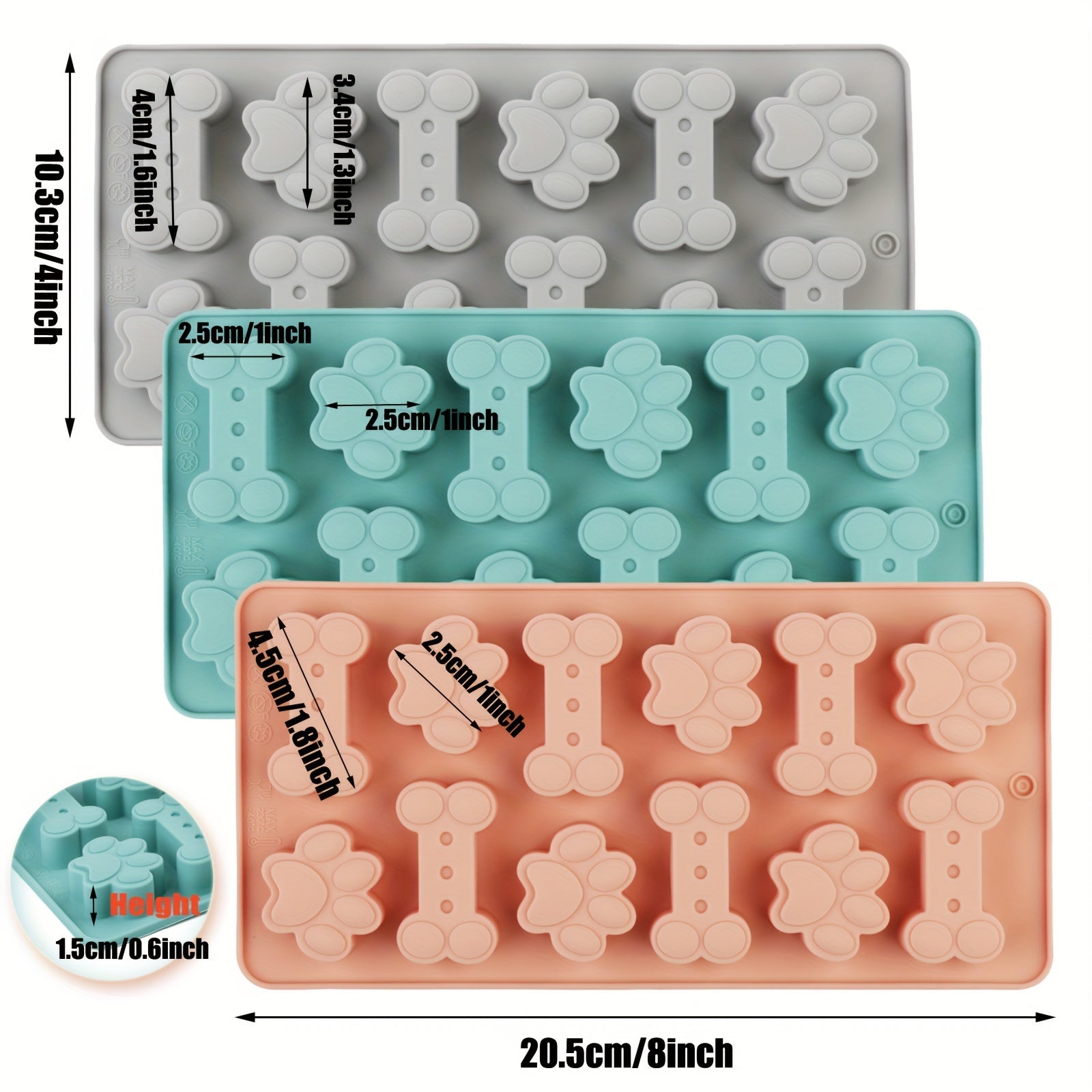 Silicone Dog Treat Mold Non-Stick Flexible Bone Paw Print Pink Blue Gray for Biscuits Ice Cubes Chocolate