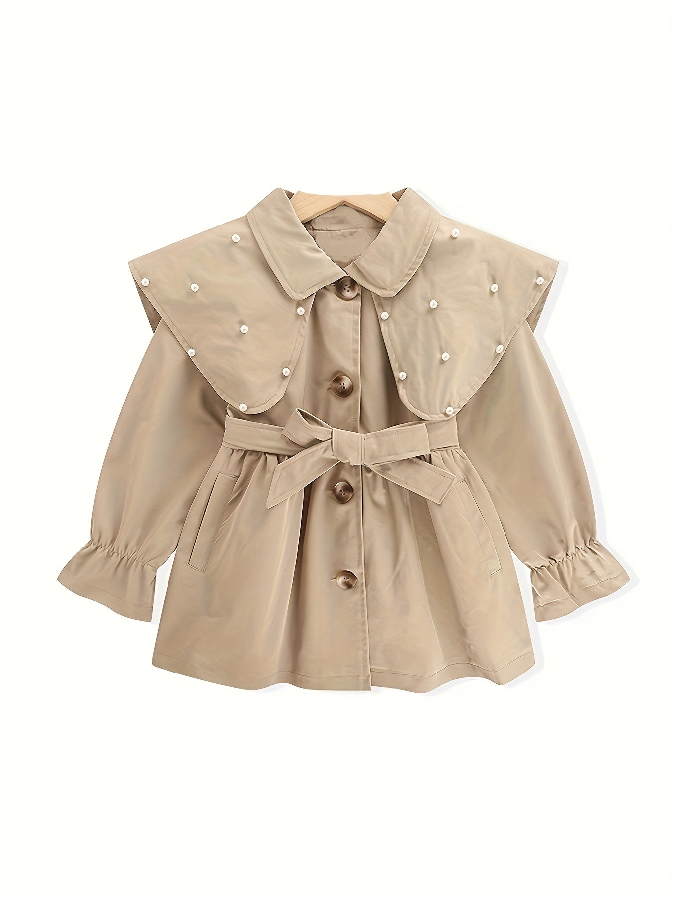 Girls Trench Coat with Bead Details and Large Doll Collar for Spring and Fall