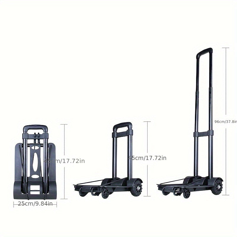 Portable Trolley with Aluminium Alloy Tie Rod, 2 Elastic Ropes, Folding Telescopic Cargo Cart, 2 Wheels, Black