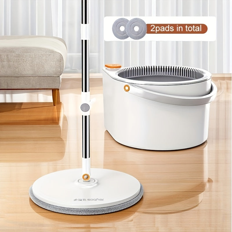 O'z-o'zini tozalash imkoniyatiga ega Spin Mop to'plami, oq rangda, Turbo Flushing bucket va 2 ta mop mato bilan