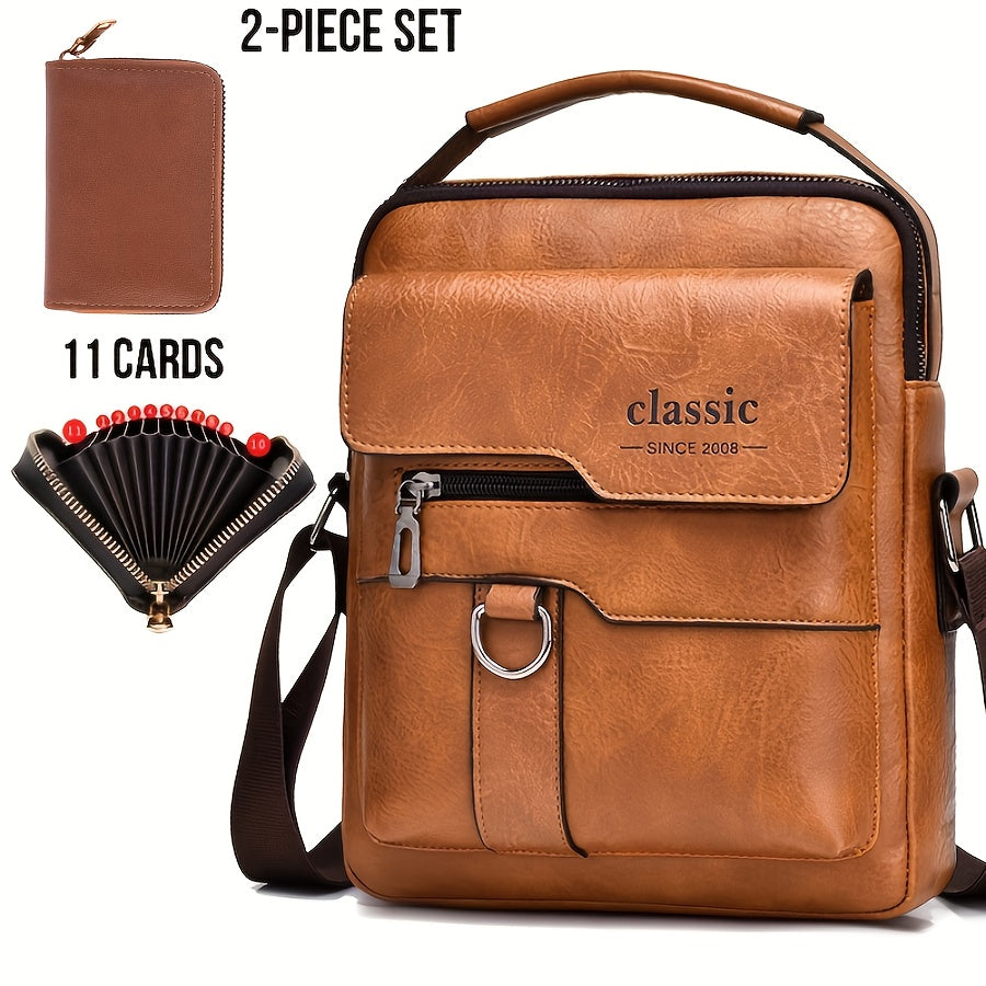 Men's Water-Resistant PU Crossbody Bag with Large Capacity Vintage Vertical Business Casual Style