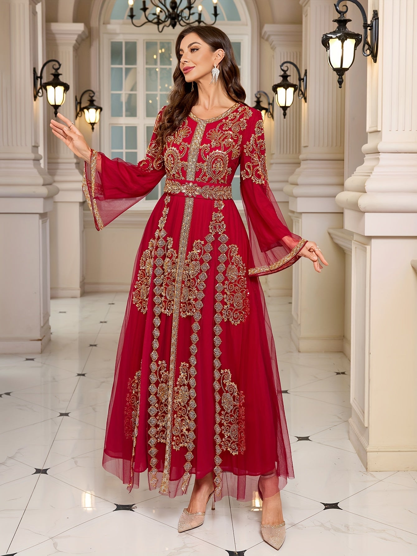 Women's Embroidered Beaded Gown Long Sleeve Formal Dress for Weddings