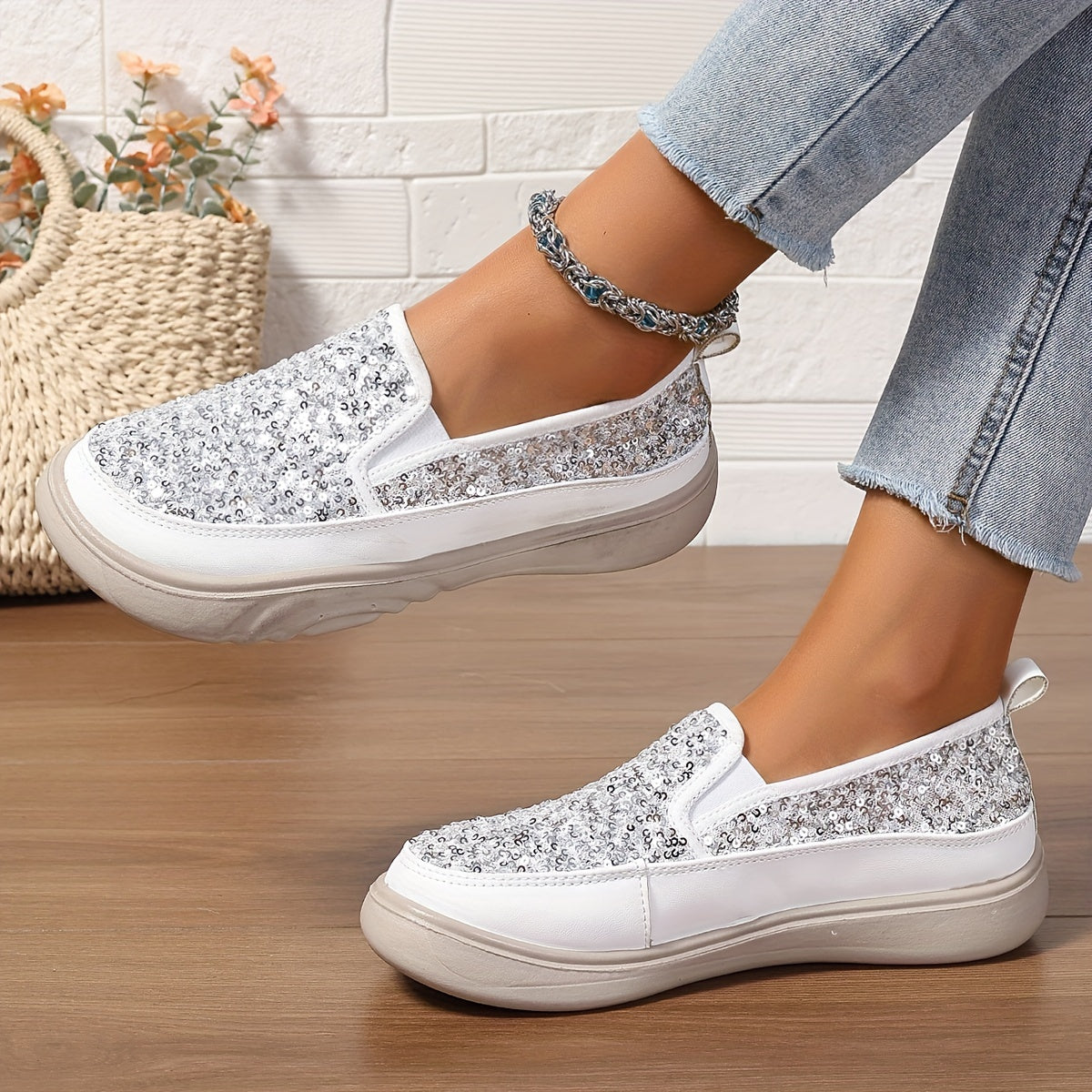 Women's Sequin Embellished Loafers Black White Casual Breathable Shoes