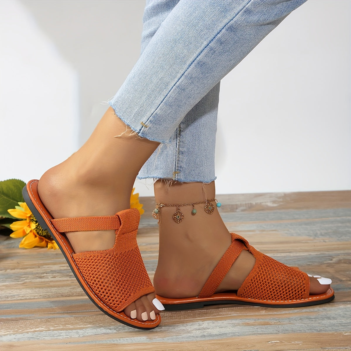 Women Knitted Flat Sandals Comfortable Lightweight Beach Shoes Summer