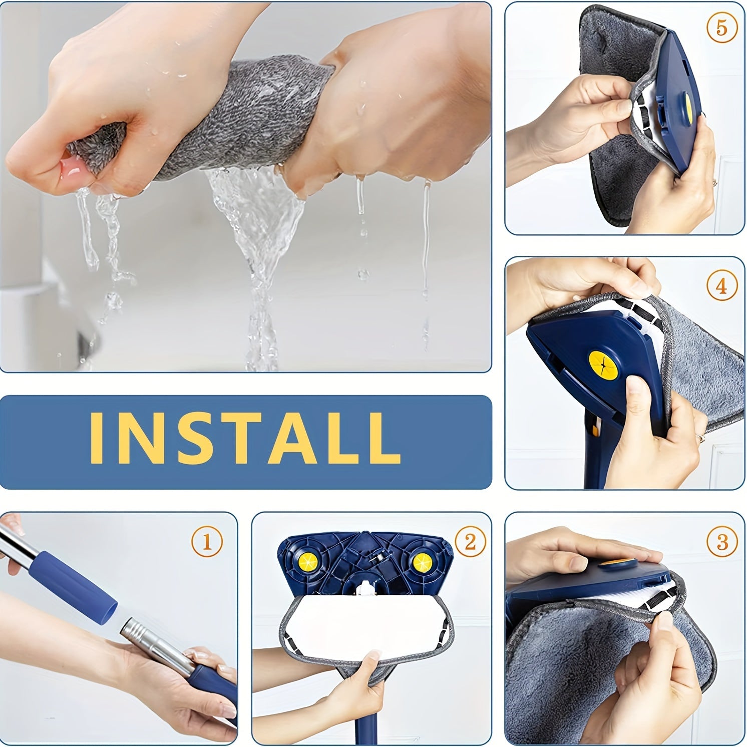 Tez quriydigan va avtomatik siqish imkoniyatiga ega sozlanadigan uchburchak tozalash mopki, pol, shift va devor uchun