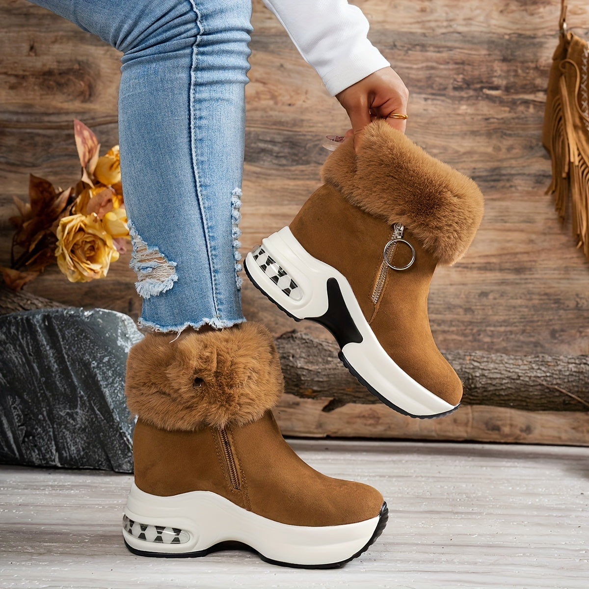 Women's Winter Plush-Lined Platform Ankle Boots with Thick Sole