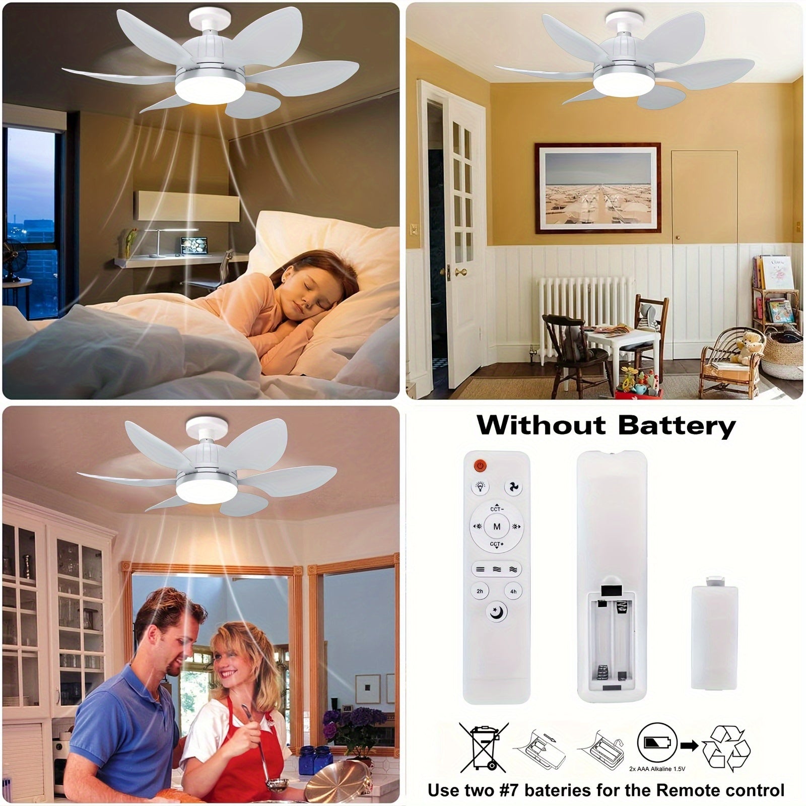 46cm shovqinsiz shiftli tavan fanati LED chiroq bilan, 6 pichoq, masofadan boshqarish, sozlanadigan oq rang, ichki foydalanish