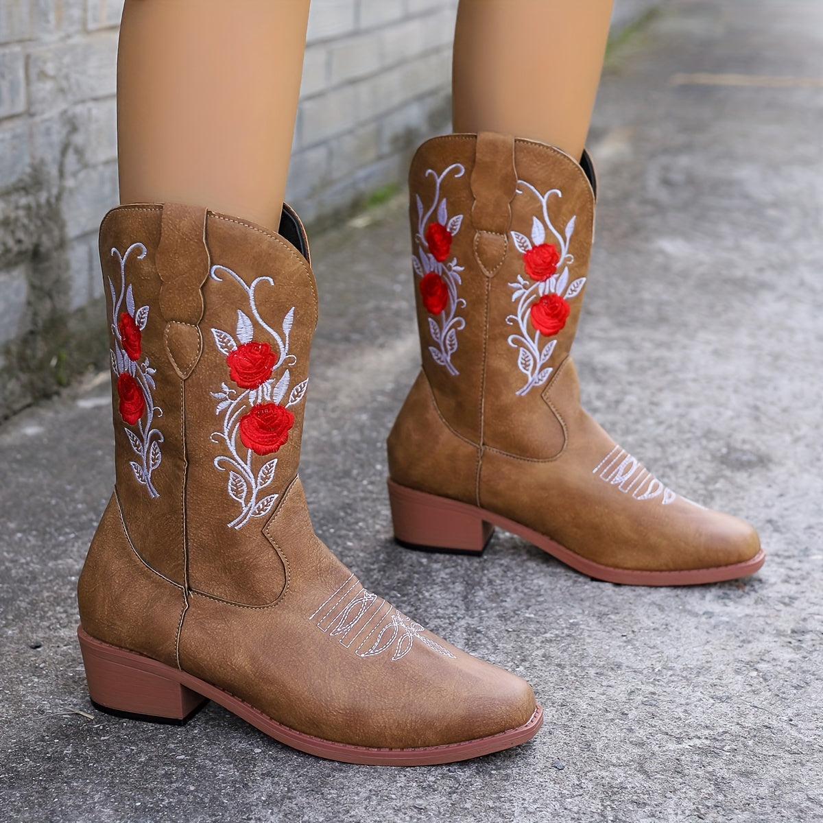 Women Embroidered Western Cowboy Boots Black Red Floral Mid-Calf Comfortable Slip-On
