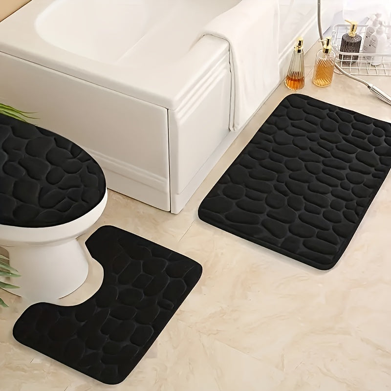 Set of 3 Ultra Absorbent Non-Slip Bath Mats with Sponge Stone Pattern, Large and Toilet Mat