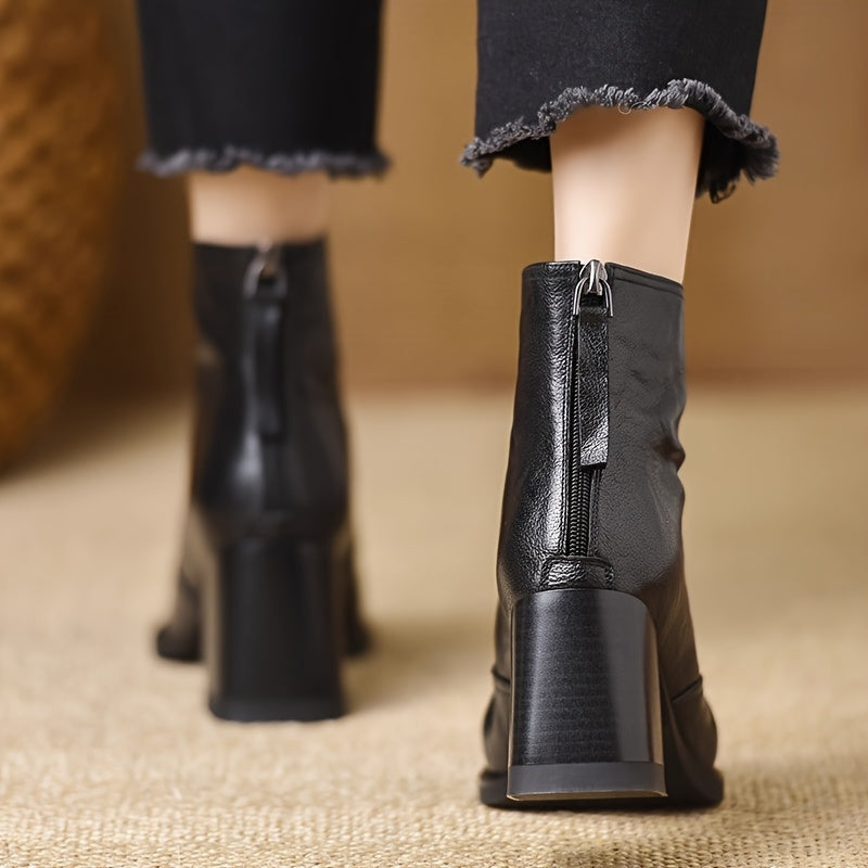 Women's Faux Leather Chunky Block Heel Ankle Boots Brown Zipper Non-Slip