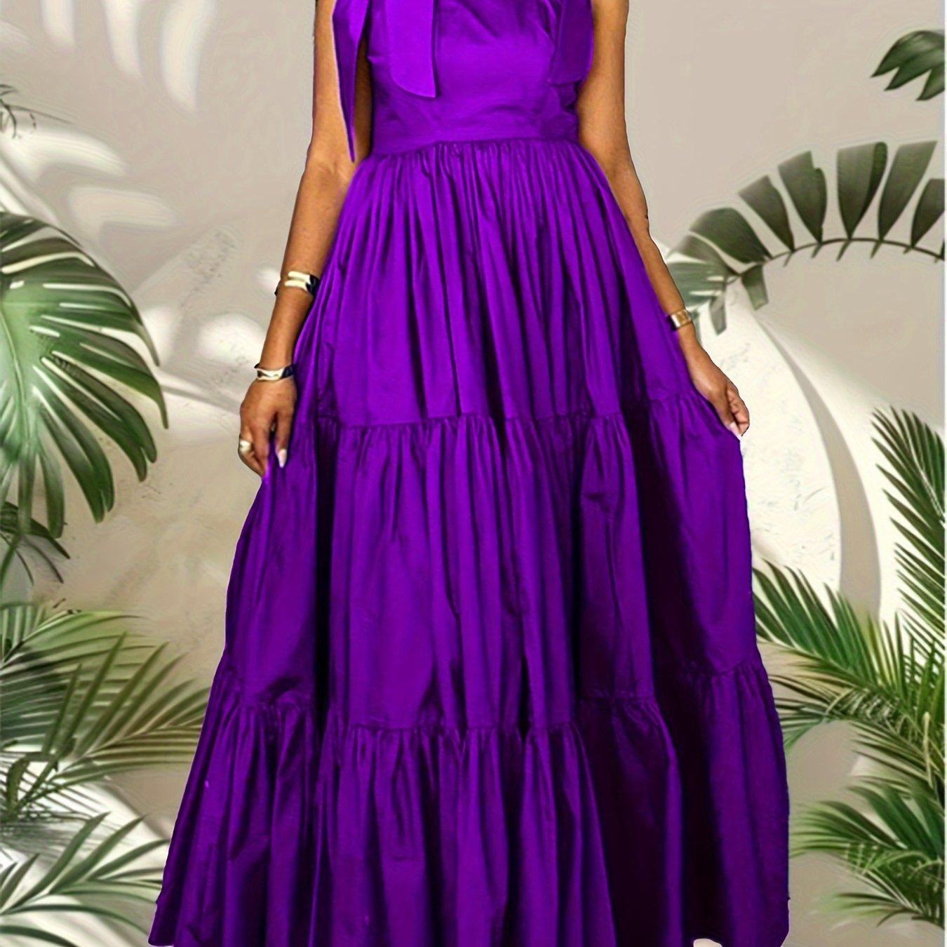 Women's Summer Maxi Dress with Bow Tie Straps Cinched Waist Solid Color Machine Washable