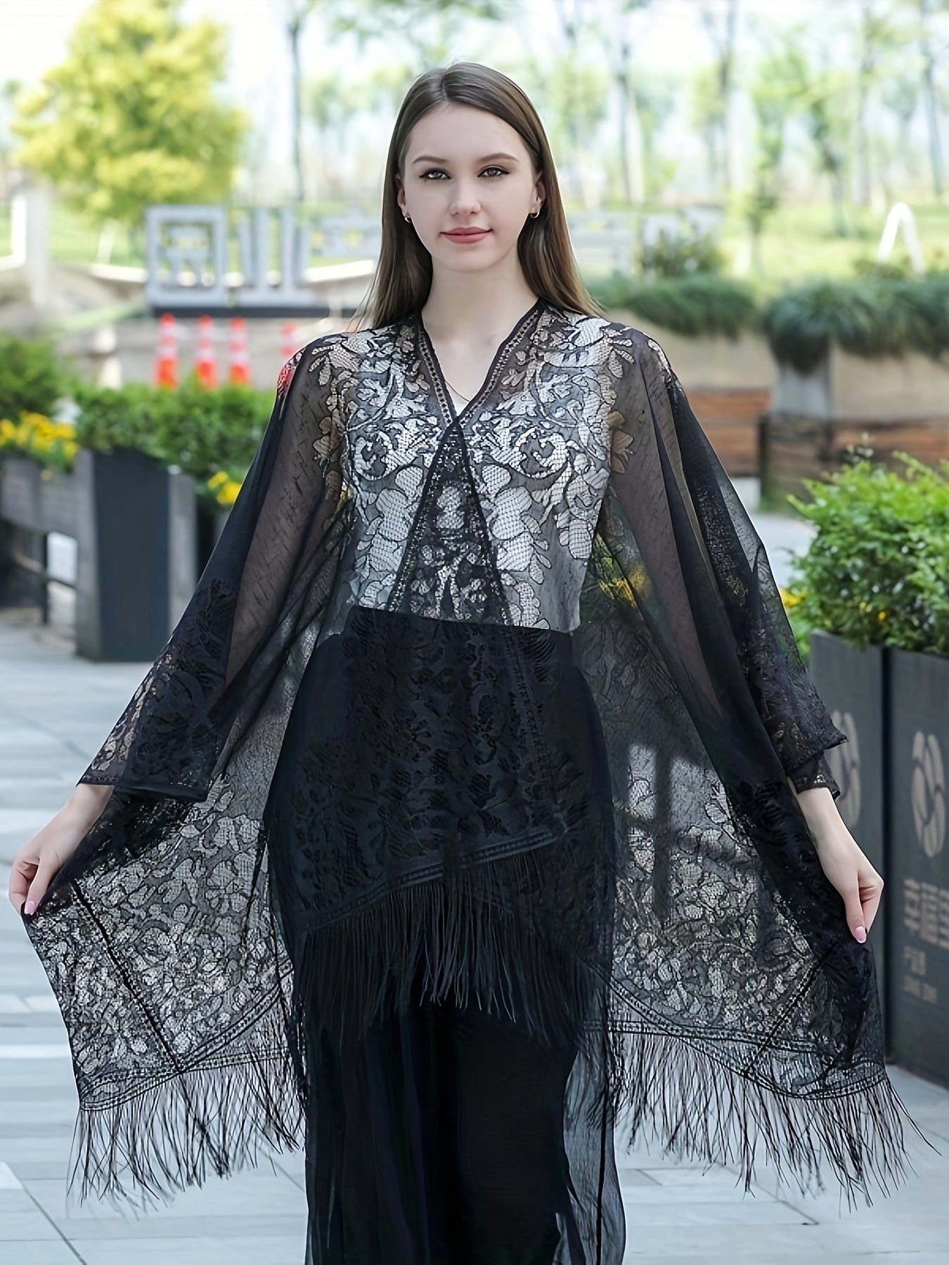 Plus Size Floral Lace Tassel Cardigan Women's Open Front Spring Casual Clothing