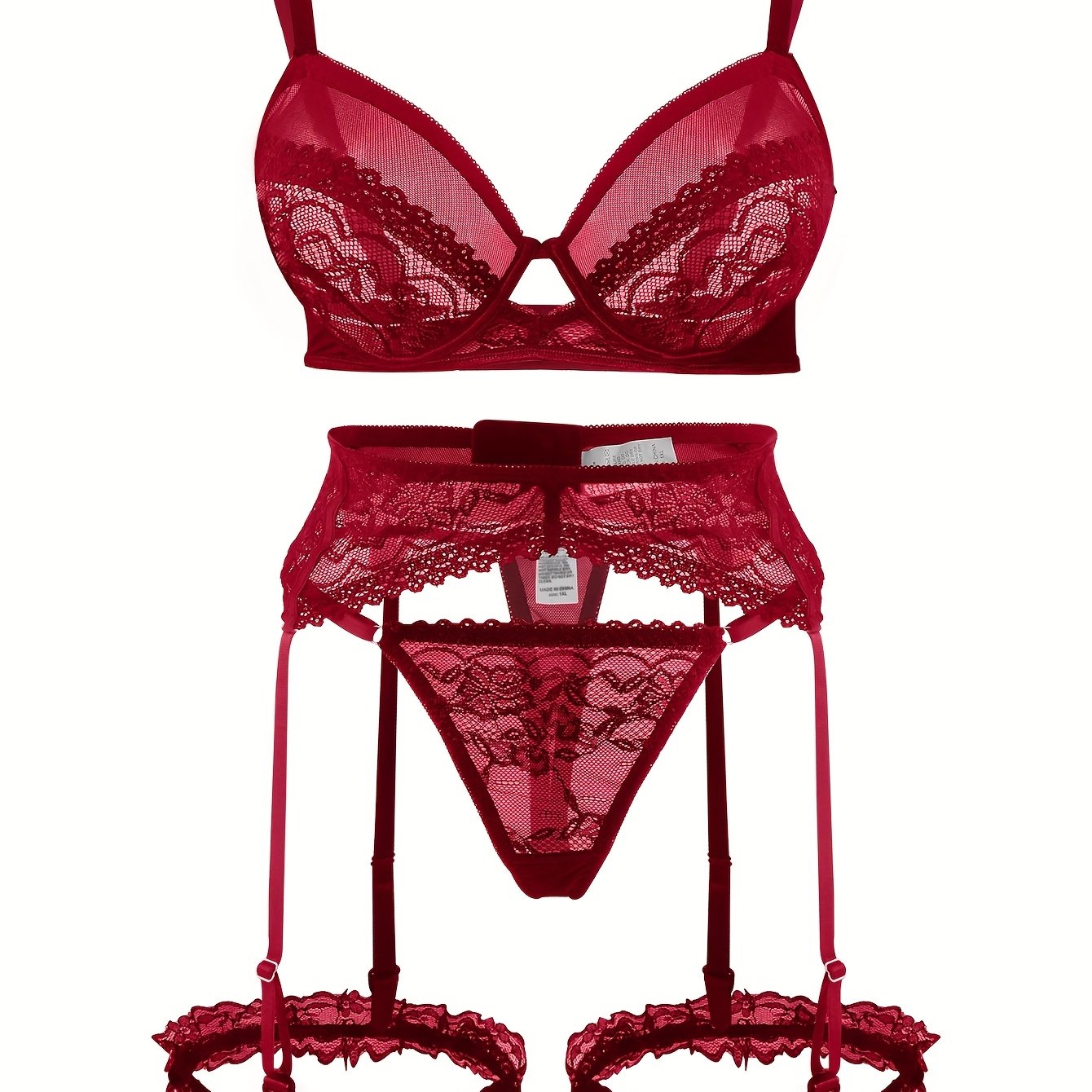 Ayollar uchun katta o'lchamdagi ichki kiyimlar to'plami, gul naqshli tikanli bra, thong, gartyer, kamar va oyoq uzuklari