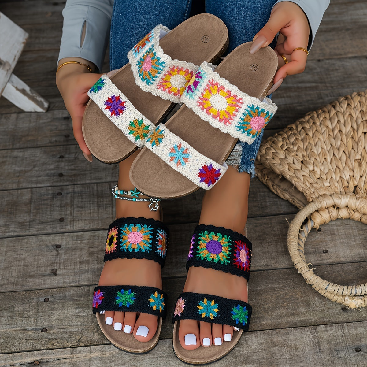 Women's Knitted Floral Flat Slippers Non-Slip Open-Toe Large Size Shoes