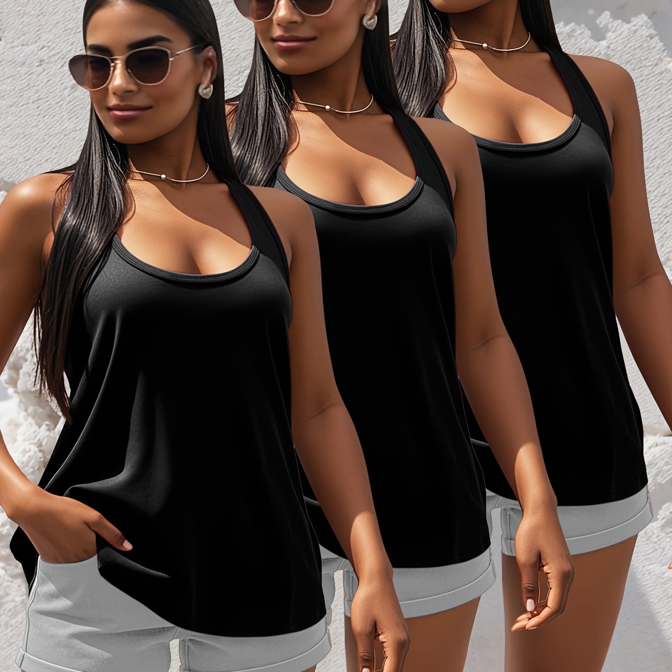 Set of 3 Women's Cotton Plain Tank Tops Basic Sleeveless Shirts