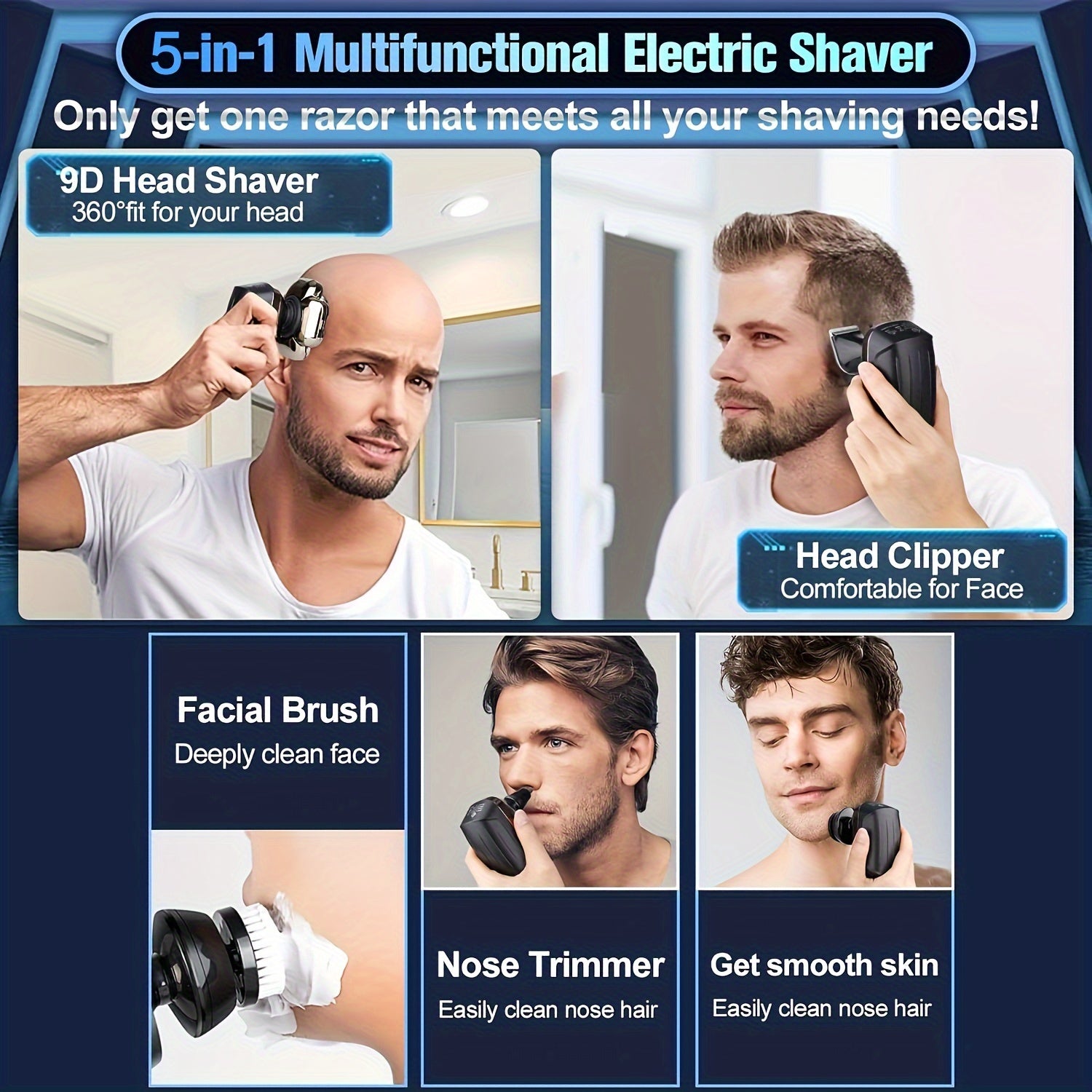 Ultimate 9D Electric Shaver for Men 5-in-1 Grooming Kit LED Display USB Rechargeable Wet Dry Use Long Battery Life Stainless Steel Blades