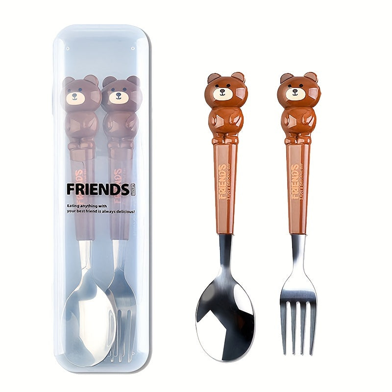 Set of 2 Stainless Steel Kitchen Utensils with Cartoon Design in Reusable Case