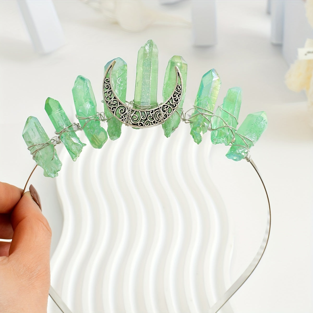 Women’s Crystal Quartz Raw Stone Crown Hairband Tiara for Weddings and Parties