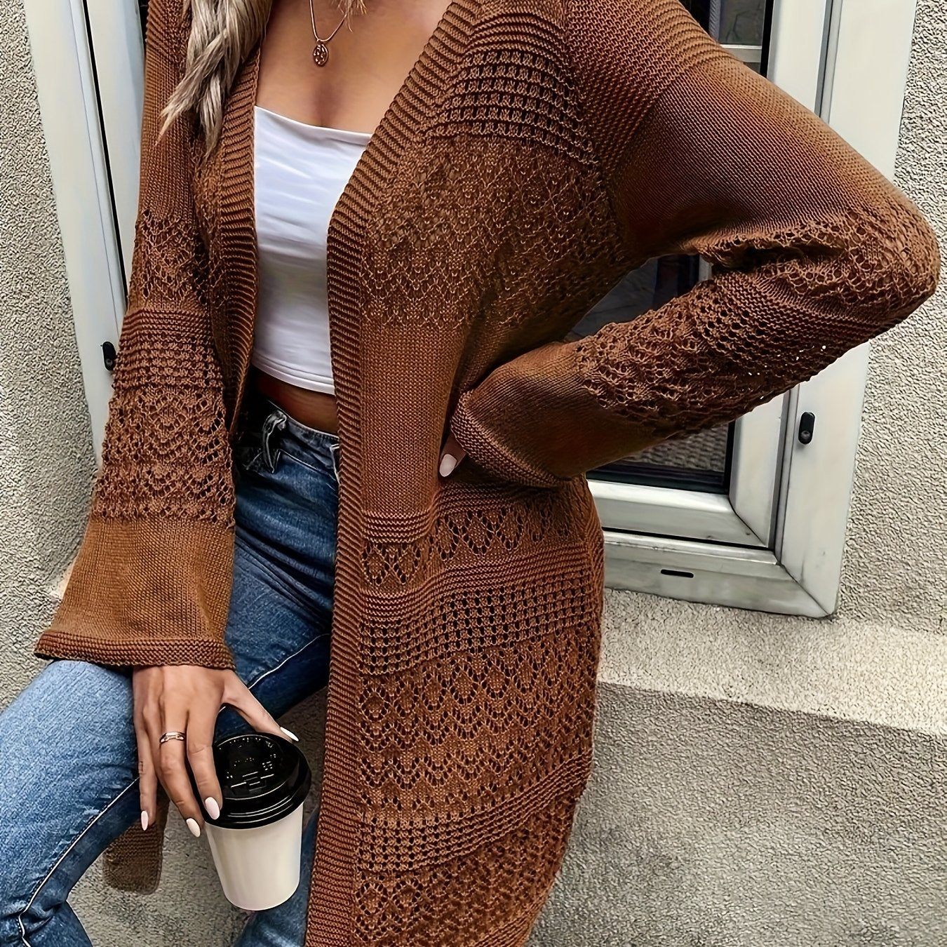 Plus Size Fashionable Openwork Crochet Cardigan Long Sleeve Casual Sweater