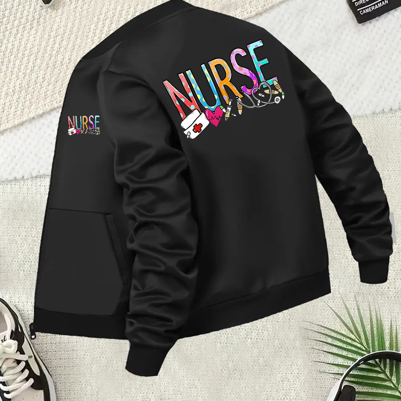 Plus Size Women's Bomber Jacket Black Nurse Themed Zip-Up Casual Outerwear