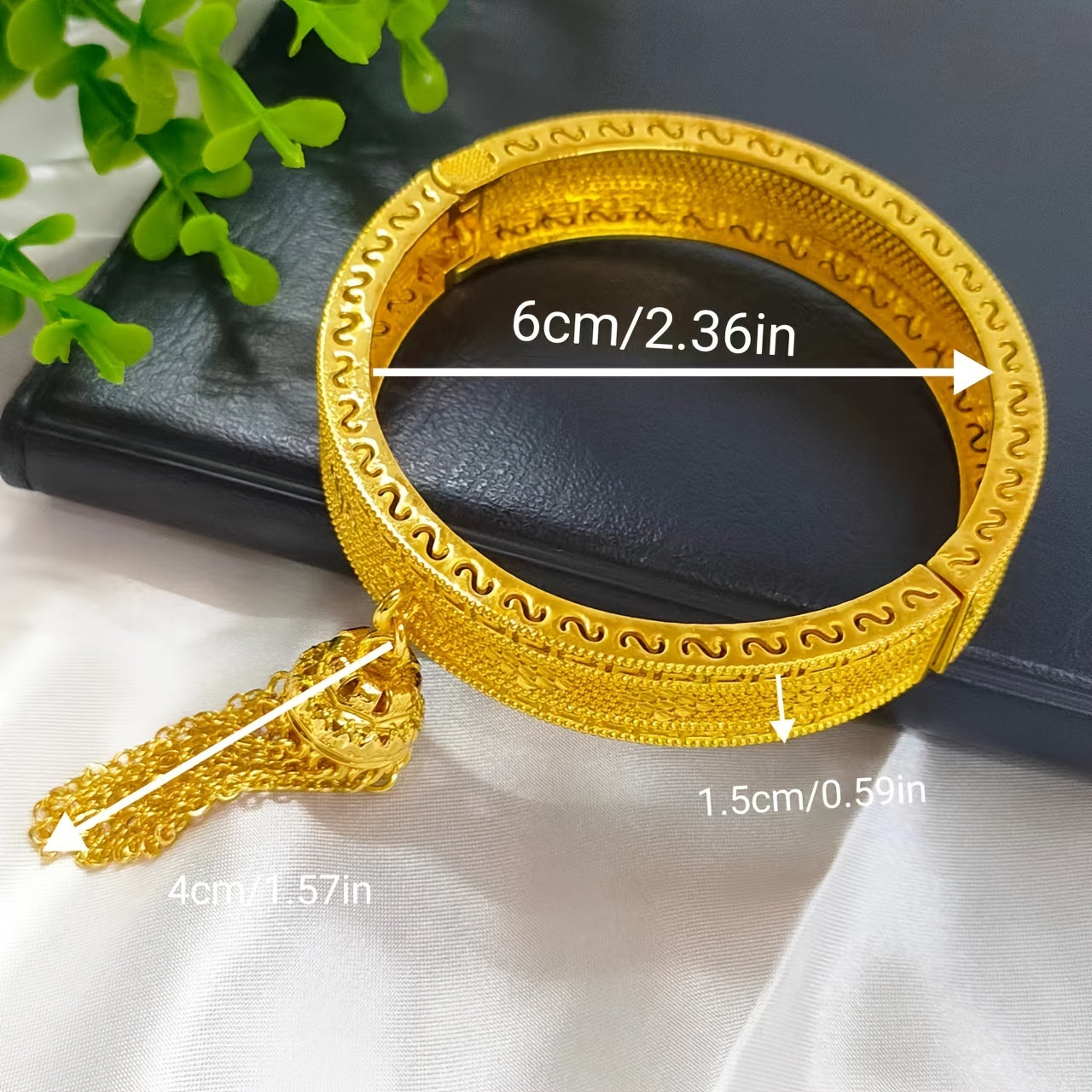 Gold-Plated Floral Bangle with Tassel Charm for Women Jewelry Wedding Festival