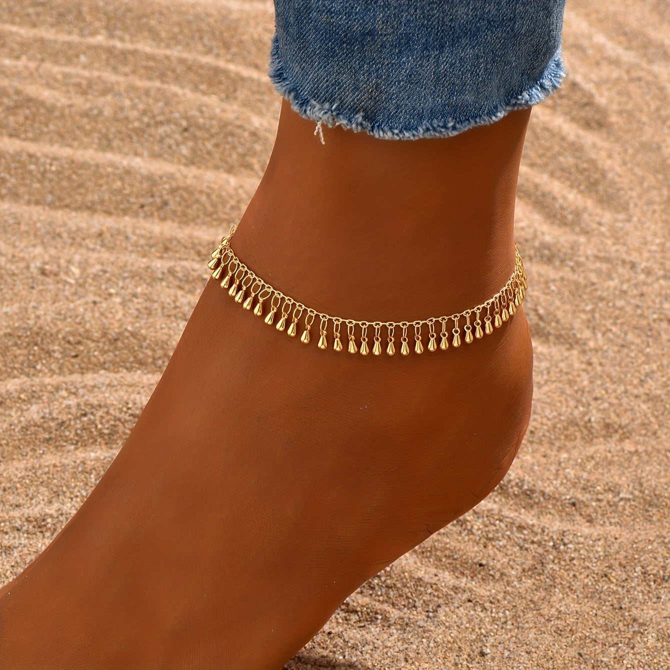 Vintage Bohemian Style Anklet in 18K Gold-Plated Copper with Tassel Drop for Women