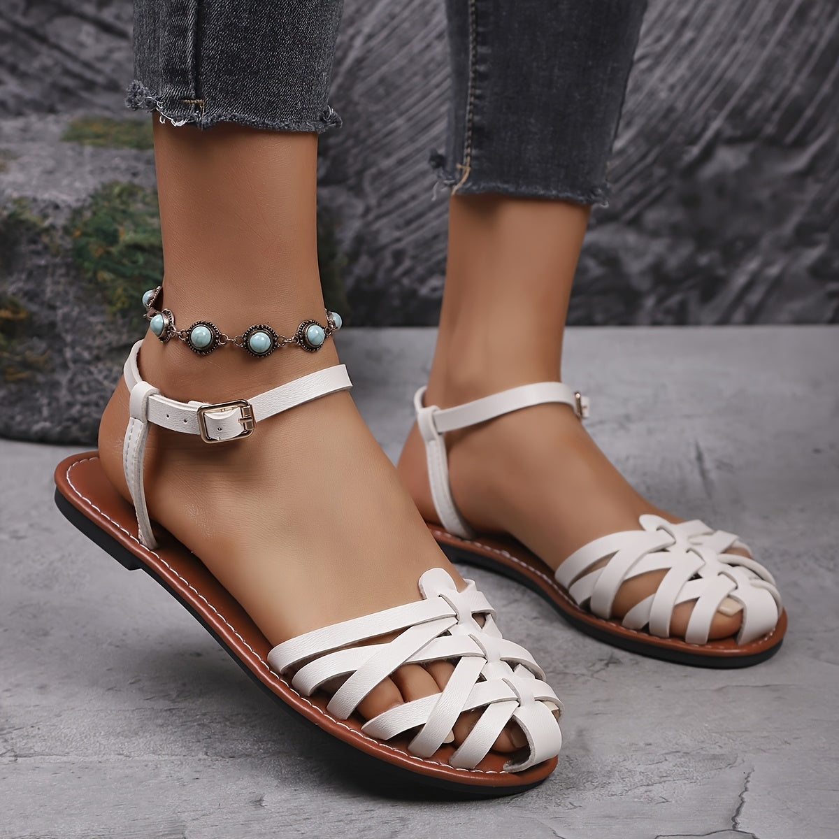 Women's Synthetic Cover Flat Sandals with Adjustable Ankle Strap Summer Shoes
